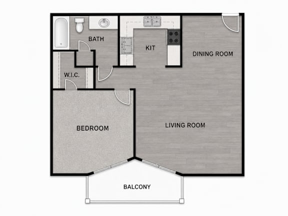 A floor plan of a small apartment with a bedroom, living room, and balcony.