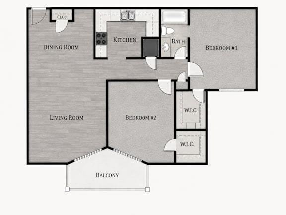 A floor plan of a house with a living room, dining room, kitchen, two bedrooms, a bath, a balcony, and a wine and ice cooler.