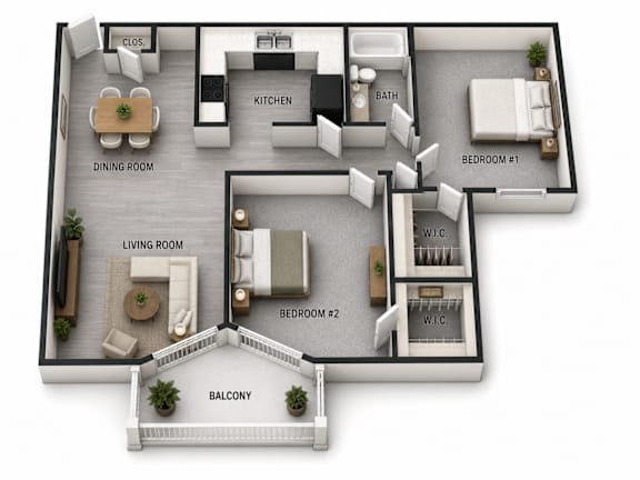 A 3D floor plan of a house with labeled rooms.