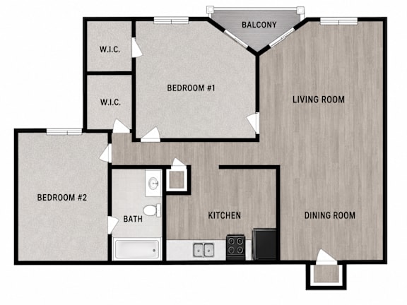 A floor plan of a house with two bedrooms, a living room, a kitchen, a dining room, and a balcony.