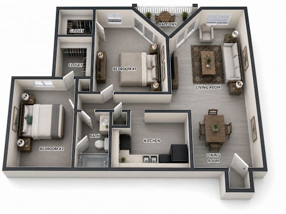 A 3D rendered image of a house layout with labeled rooms.