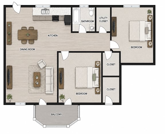 A floor plan of a house with a kitchen, dining room, bedrooms and a balcony.
