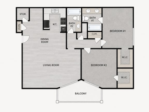A floor plan of a house with two bedrooms, a living room, a dining room, a kitchen, a bathroom, a storeroom, and a balcony.