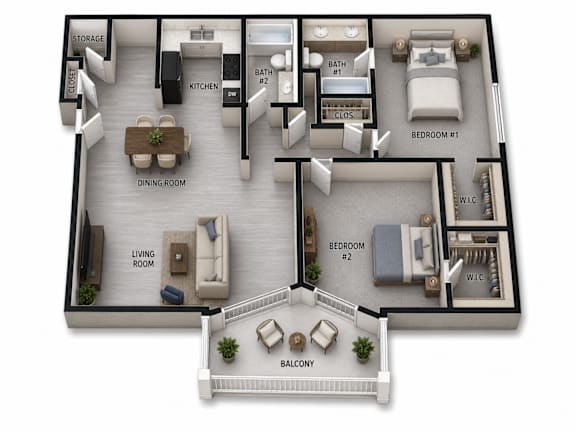 Floor Plan  A 3D floor plan of a house with labeled rooms.