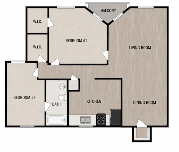 A floor plan of a house with two bedrooms, a living room, a dining room, a kitchen, and a balcony.