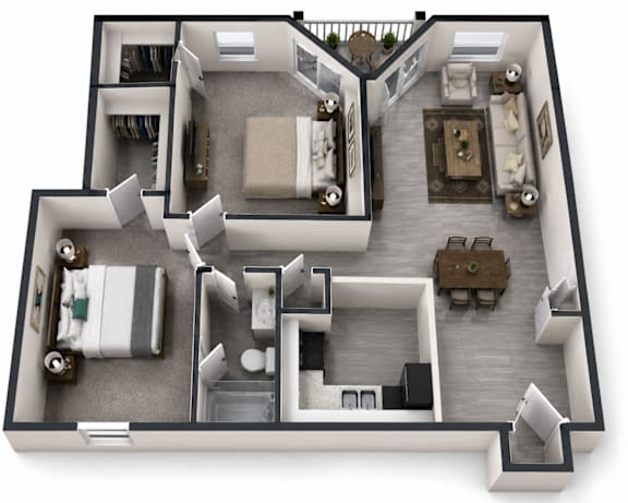 Floor Plan  A 3D floor plan of a house with two bedrooms, a living room, a kitchen, and a bathroom.