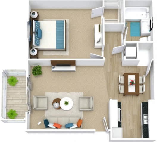 Floor Plan  A top-down view of a living room with a couch, a dining table, and a kitchen area.