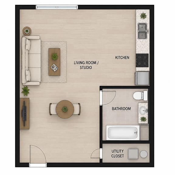 A floor plan of a small apartment with a living room, kitchen, bathroom, and utility closet.