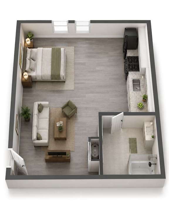 A top-down view of a modern living room with a couch, coffee table, and television.