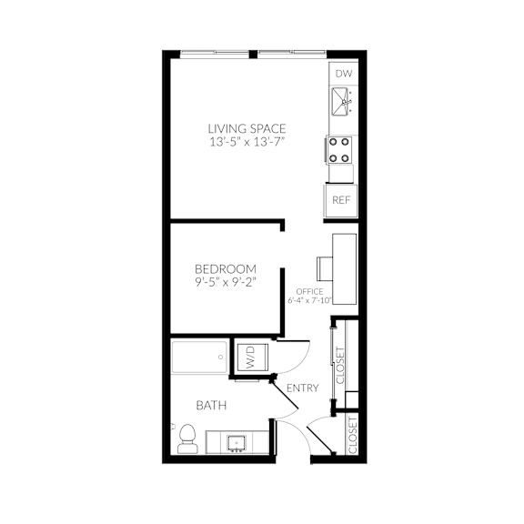 A floor plan of a small apartment with a living space, bedroom, bathroom, and office.