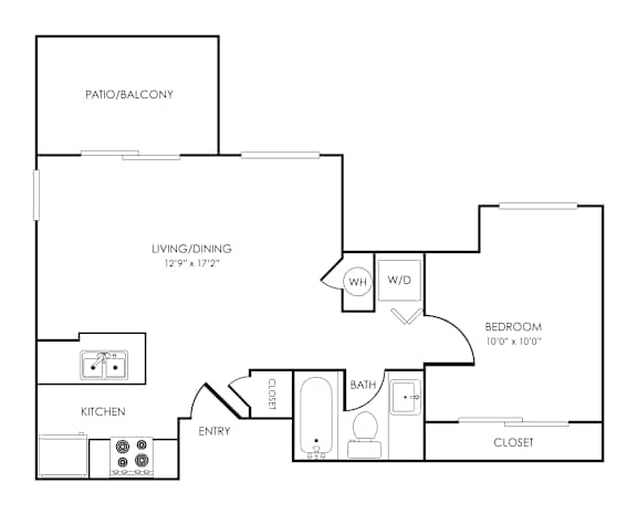 Floor Plan  One bedroom 1 bathroom floorplan with balcony at Rosemeade Apartments, California