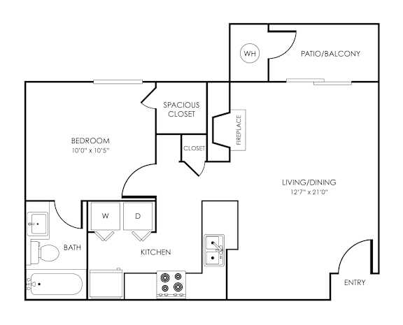 Floor Plan  1 bed 1 bath floorplan with balcony at Rosemeade Apartments, California, 95661