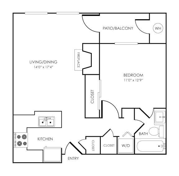Floor Plan  1 bedroom 1 bath floorplan with balcony at Rosemeade Apartments, Roseville, CA 95661