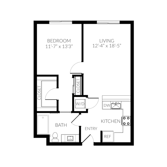 A black and white image of a floor plan for a small apartment.