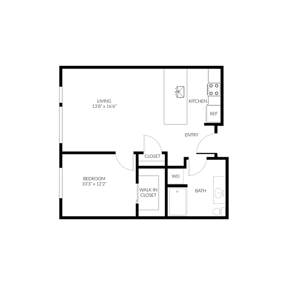 A floor plan of a house with a living room, kitchen, and bathroom.