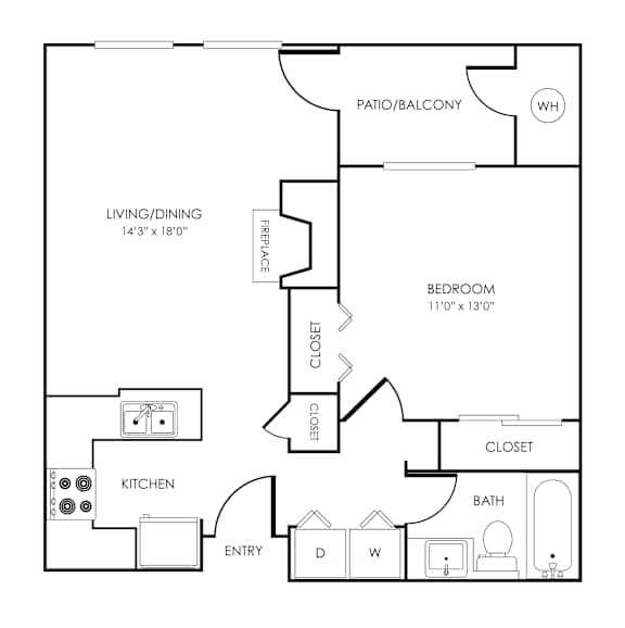 Floor Plan  1 bed 1 bathroom floorplan with balcony at Rosemeade Apartments, Roseville, CA