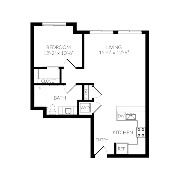 A black and white image of a floor plan for a small apartment.