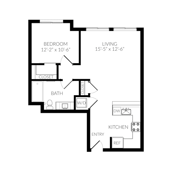 A black and white image of a floor plan for a small apartment.