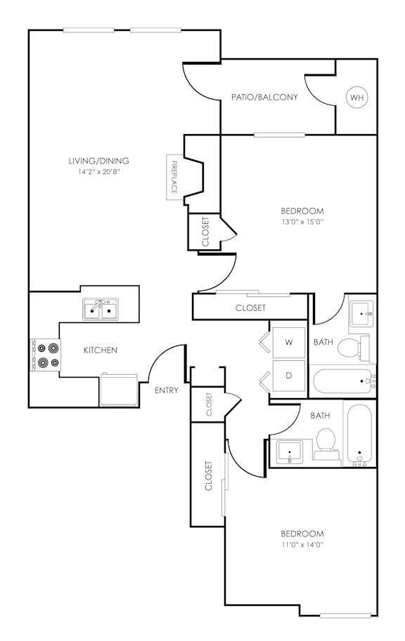 Floor Plan  2 bedroom 2 bathroom floorplan with balcony at Rosemeade Apartments, Roseville, 95661