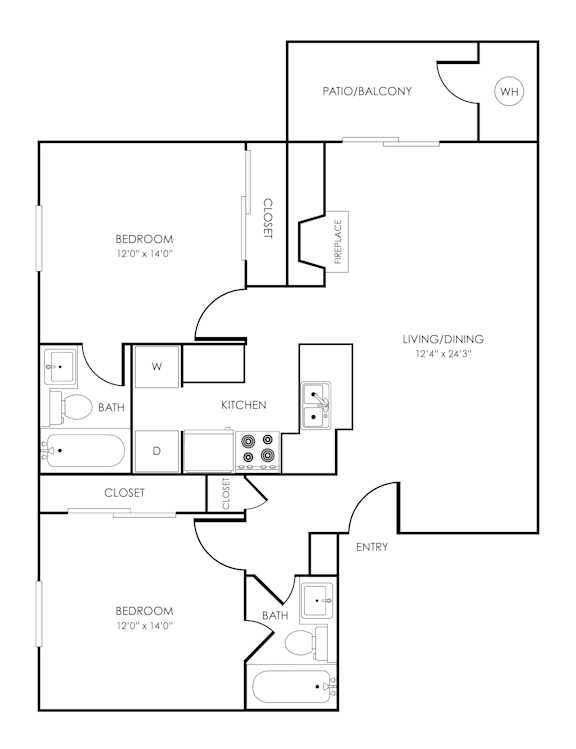 Floor Plan  Two bed two bath floorplan with balcony at Rosemeade Apartments, Roseville, California