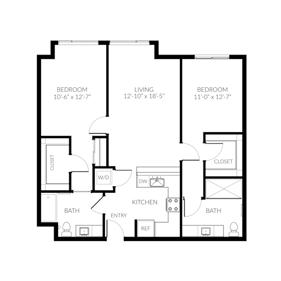 A black and white image of a house floor plan with three bedrooms, a living room, a kitchen, two bathrooms, an entry, a dining room, and a laundry area.