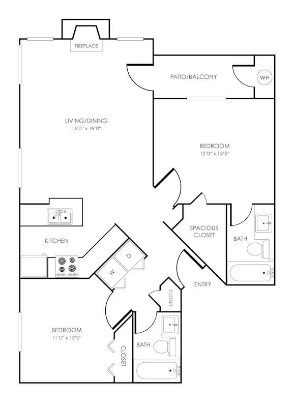Floor Plan  Two bed two bathroom floorplan with balcony at Rosemeade Apartments, California