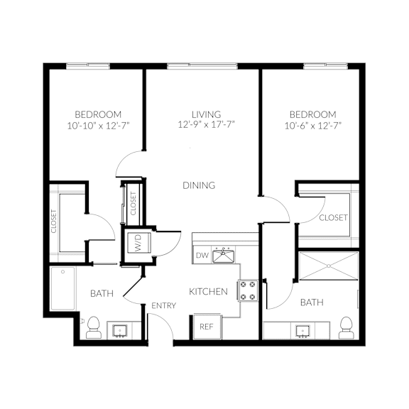 A black and white image of a floor plan for a home with three bedrooms, a living room, a dining room, a kitchen, a bathroom, a wood stove, and a wood-burning stove.