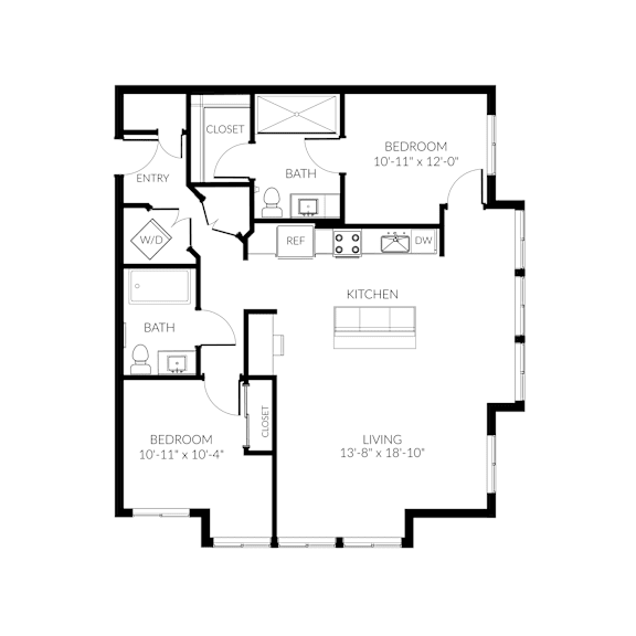 A black and white image of a floor plan for a small apartment.