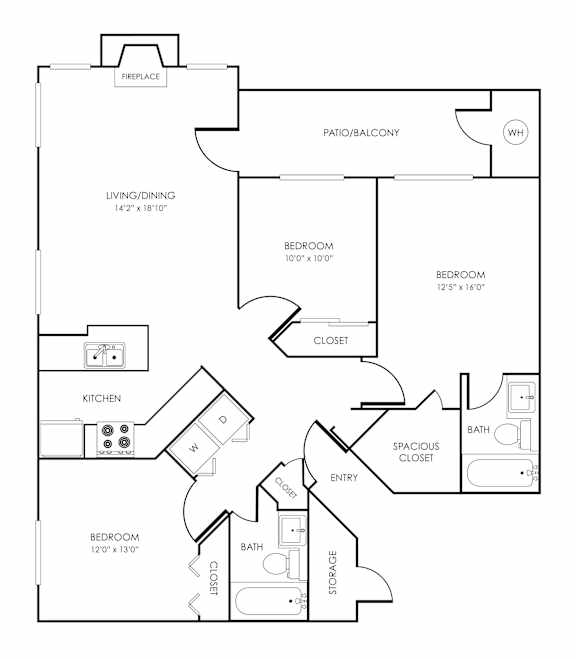 Floor Plan  Three bedroom two bathroom floorplan with balcony at Rosemeade Apartments, California, 95661