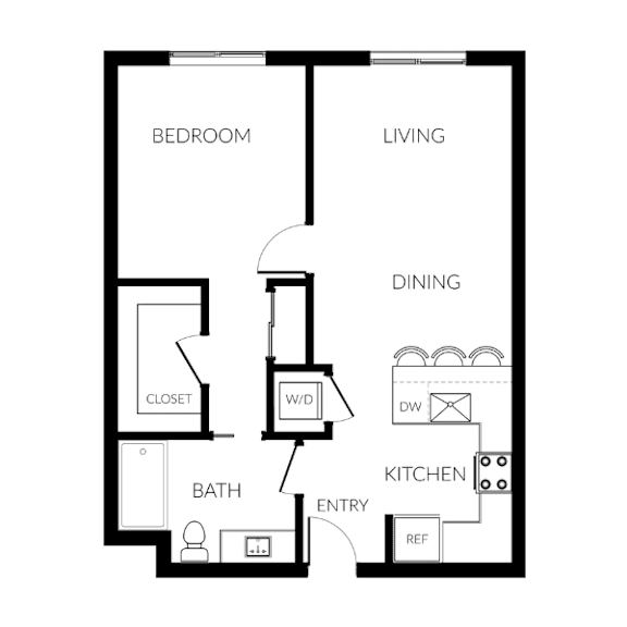 Floor Plan  A black and white image of a floor plan for a small apartment.