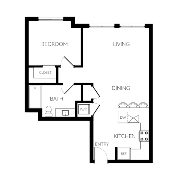 Floor Plan  A black and white floor plan of a small apartment with a bedroom, living room, dining room, kitchen, bathroom, and laundry area.
