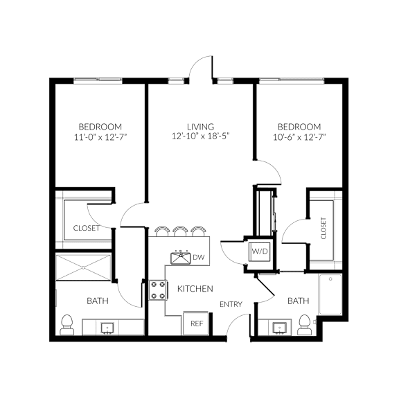 A floor plan of a house with three bedrooms, a living room, a kitchen, a bathroom, a dining room, and a closet.