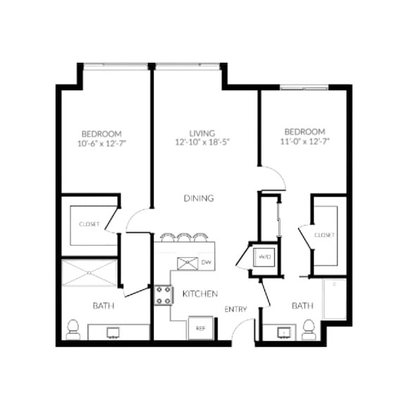 A black and white image of a house floor plan with three bedrooms, a living room, a dining room, a kitchen, two bathrooms, and a closet.