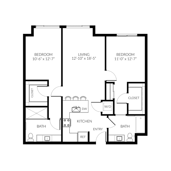 A floor plan of a house with three bedrooms, a living room, a kitchen, a bathroom, and a closet.