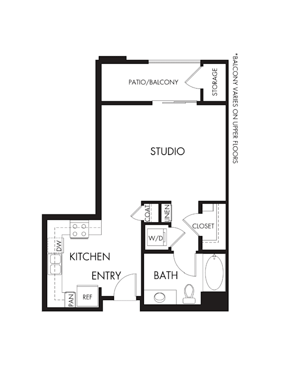 Floor Plan  A black and white image of a floor plan for a studio apartment.