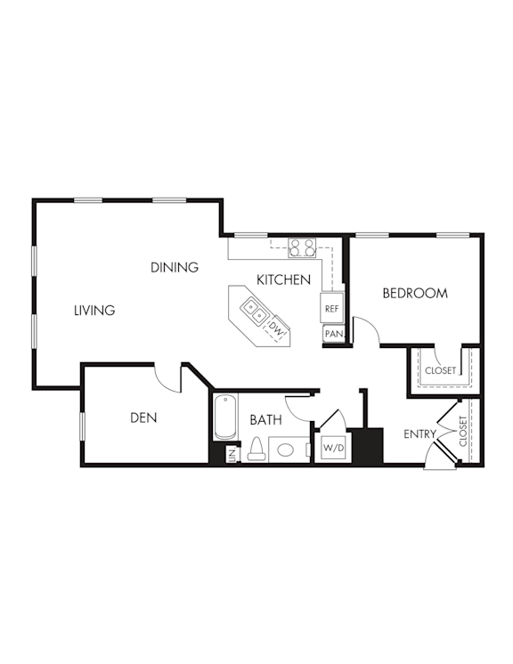 A floor plan of a home with a den, dining room, kitchen, and bedroom.