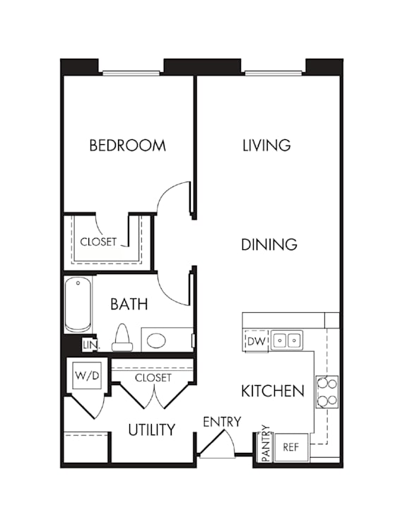 One bedroom apartment floor plan with utility room at Renaissance Square Apartments, California