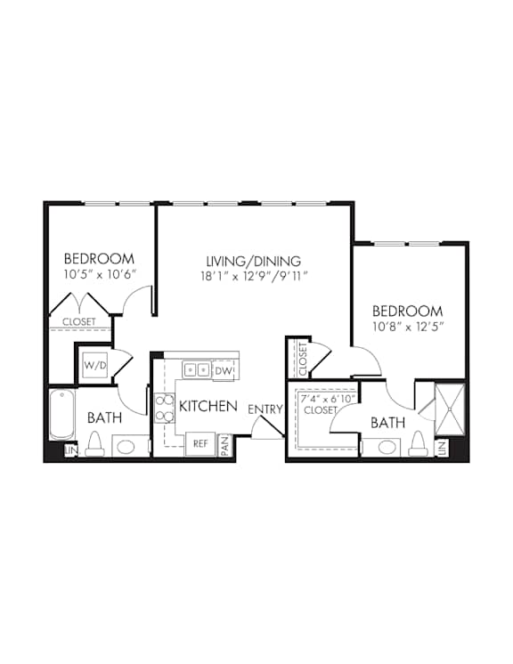 Floor Plan  A floor plan of a home with two bedrooms, a living/dining area, a kitchen, and two bathrooms.