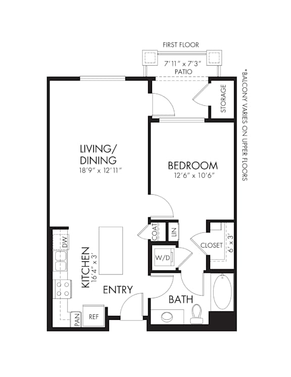 Floor Plan  A black and white image of a floor plan for a small apartment.