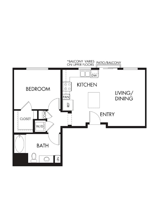 A floor plan of a small apartment with a bedroom, kitchen, living room, and bathroom.