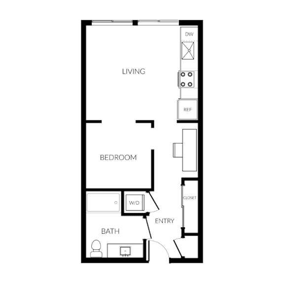 Floor Plan  A black and white drawing of a floor plan of a small apartment.