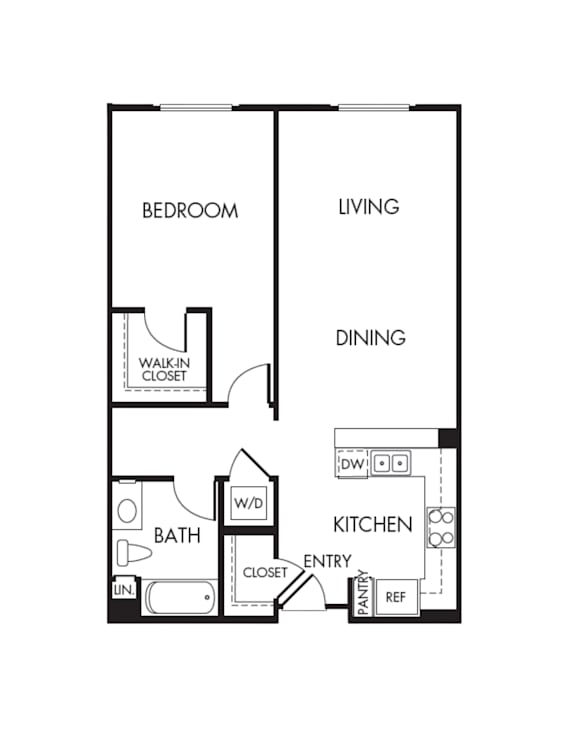 A floor plan of a house with a bedroom, living room, dining room, kitchen, bathroom, pantry, and walk-in closet.