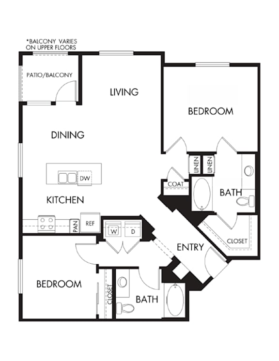 A black and white floor plan of a house with a living room, dining room, kitchen, and two bedrooms.