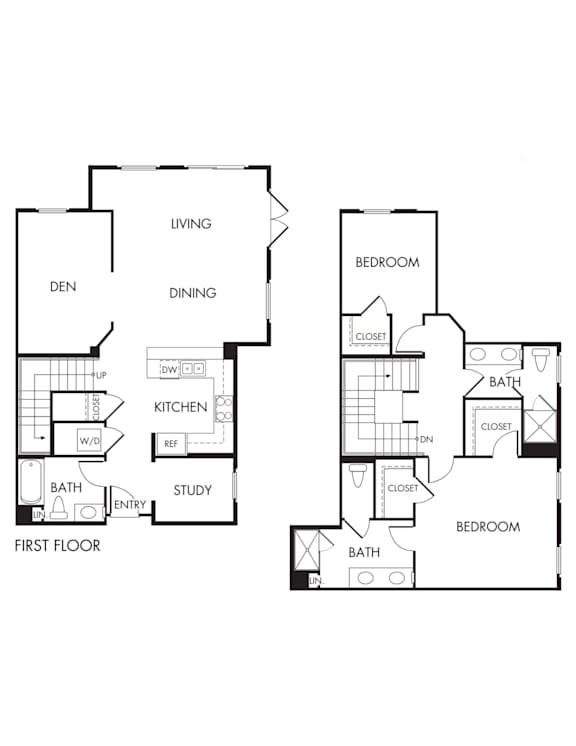 Floor Plan  A floor plan of a house with two bedrooms, a study, a kitchen, a dining area, a living room, a den, a bathroom, and a first floor bathroom.