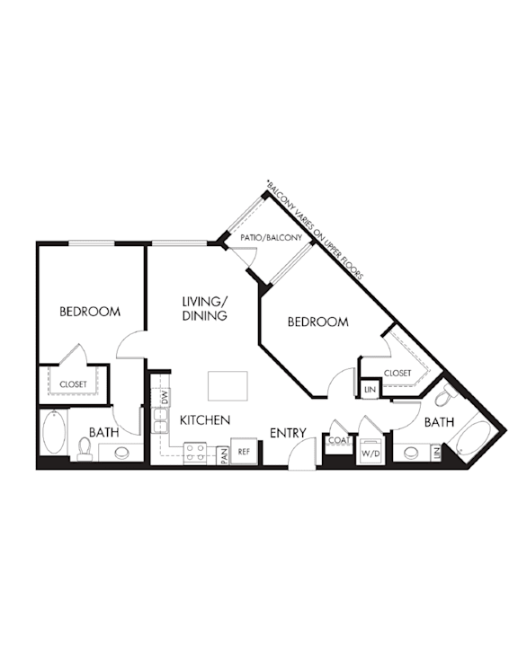 A black and white diagram of a house layout with two bedrooms, a living/dining area, a kitchen, a bath, and an entry.