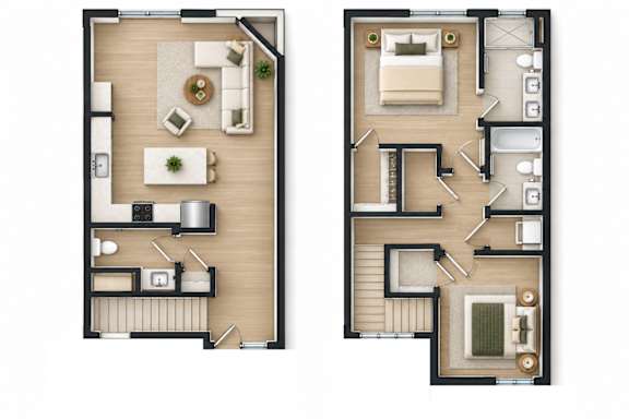 Two floor plans of a house with a kitchen, living room, and bedrooms.