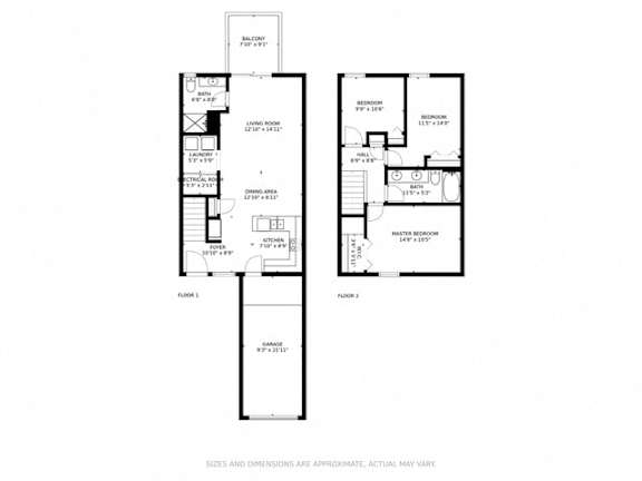 A floor plan of a house with two bedrooms, a living room, a dining room, a kitchen, a garage, and a balcony.