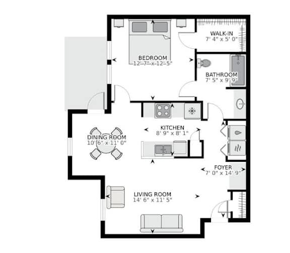 A floor plan of a house with a living room, dining room, kitchen, bedroom, bathroom and foyer.