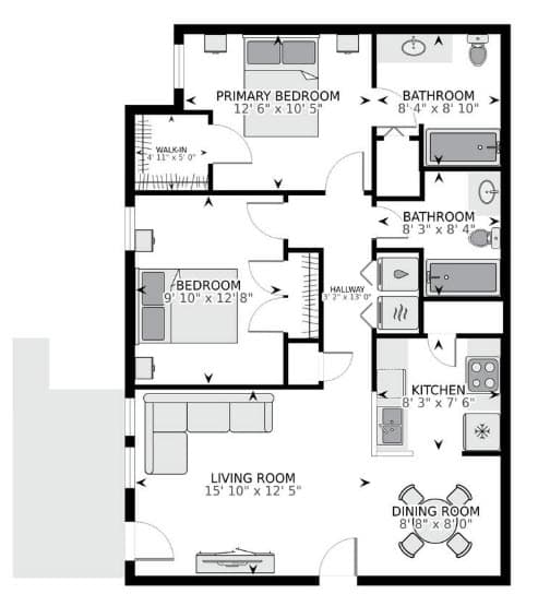 Floor Plan  A black and white image of a floor plan for a house with a living room, dining room, kitchen, two bathrooms, and two bedrooms.