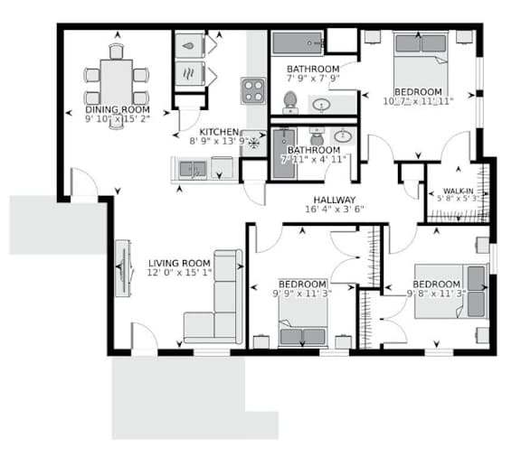 A black and white image of a floor plan for a house.